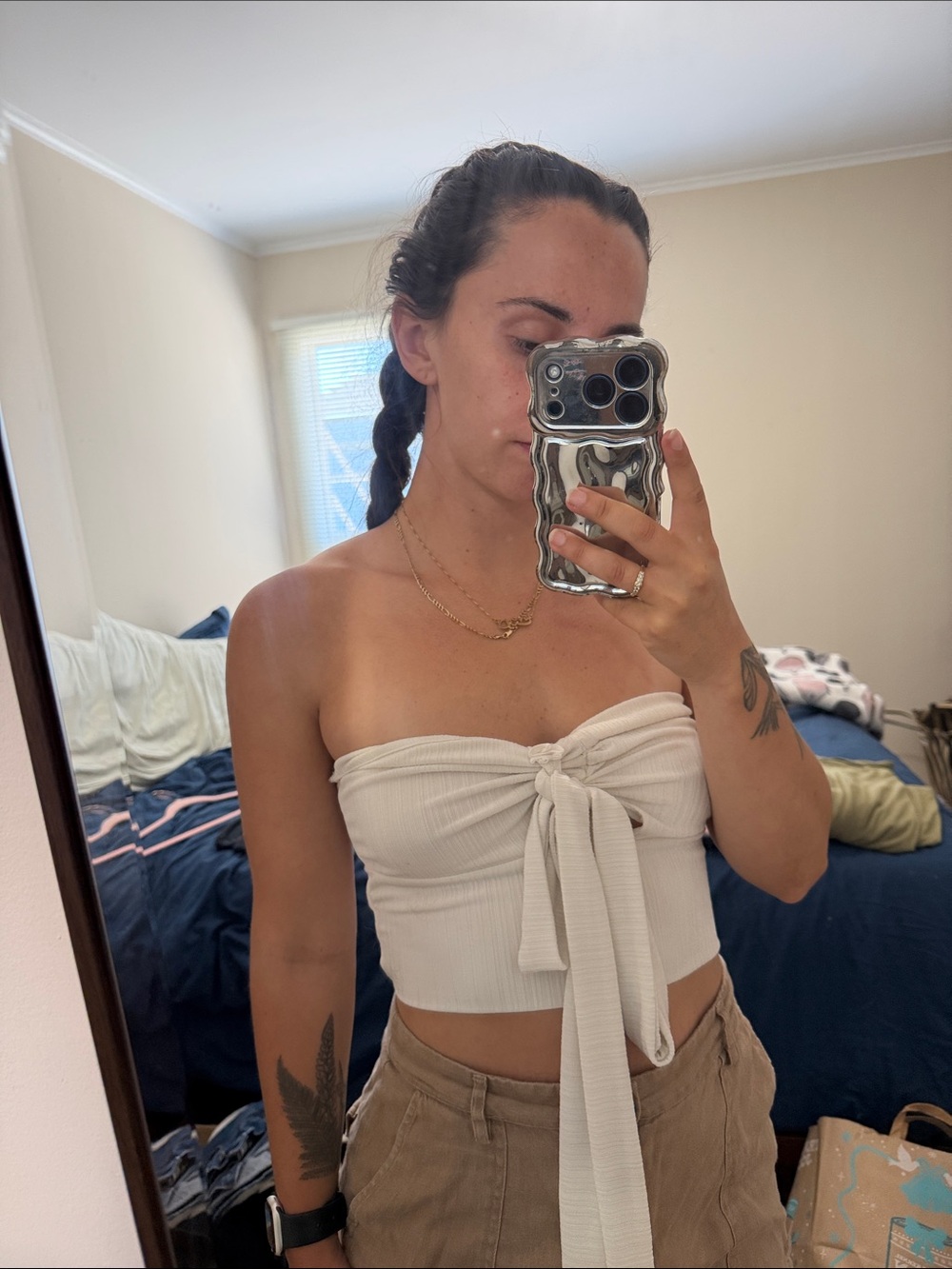 Le Lis Ribbed Strapless Tie-Front Crop Top - Cream